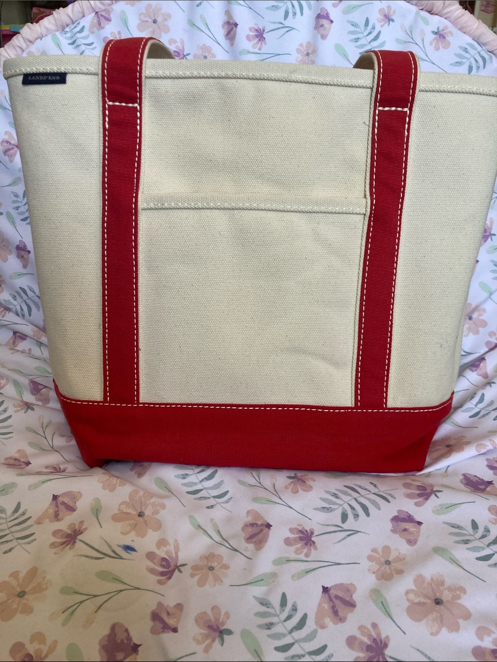 Lands’ End Medium Natural 5 Pocket Open Top Canvas Tote Bag - Natural/Scarlet